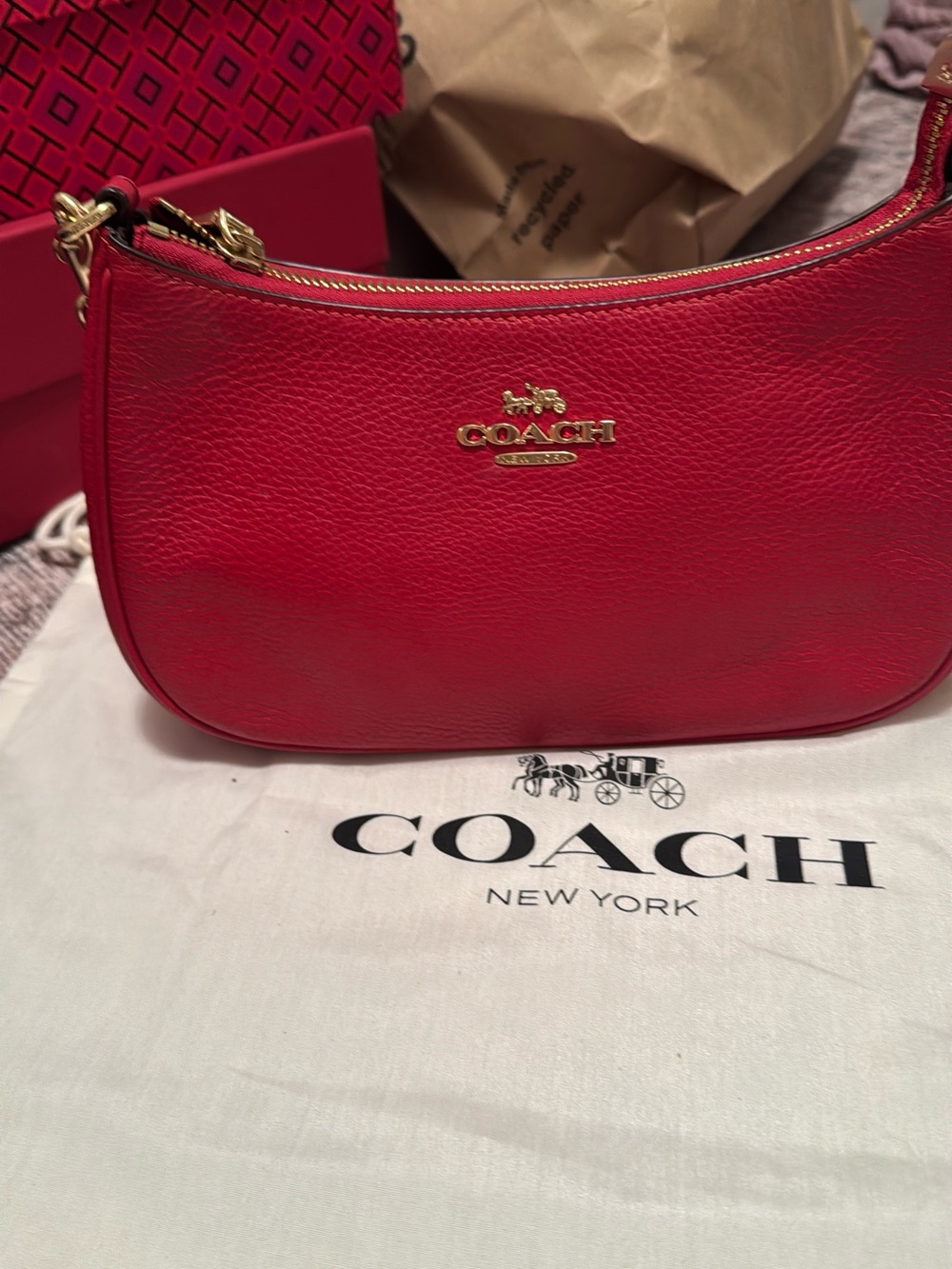 Coach Red Pebbled Leather Crescent Shoulder Bag with Gold Hardware